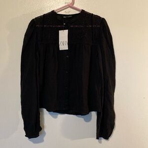 Zara black full button down laced embroidered detail long sleeve stunning shirt
